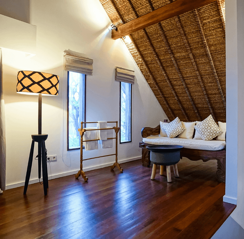 Comfortable seating area in 2 Bedroom Ocean View Family Villa at Pondok Santi Estate, Gili Trawangan, with stylish furniture and decor.