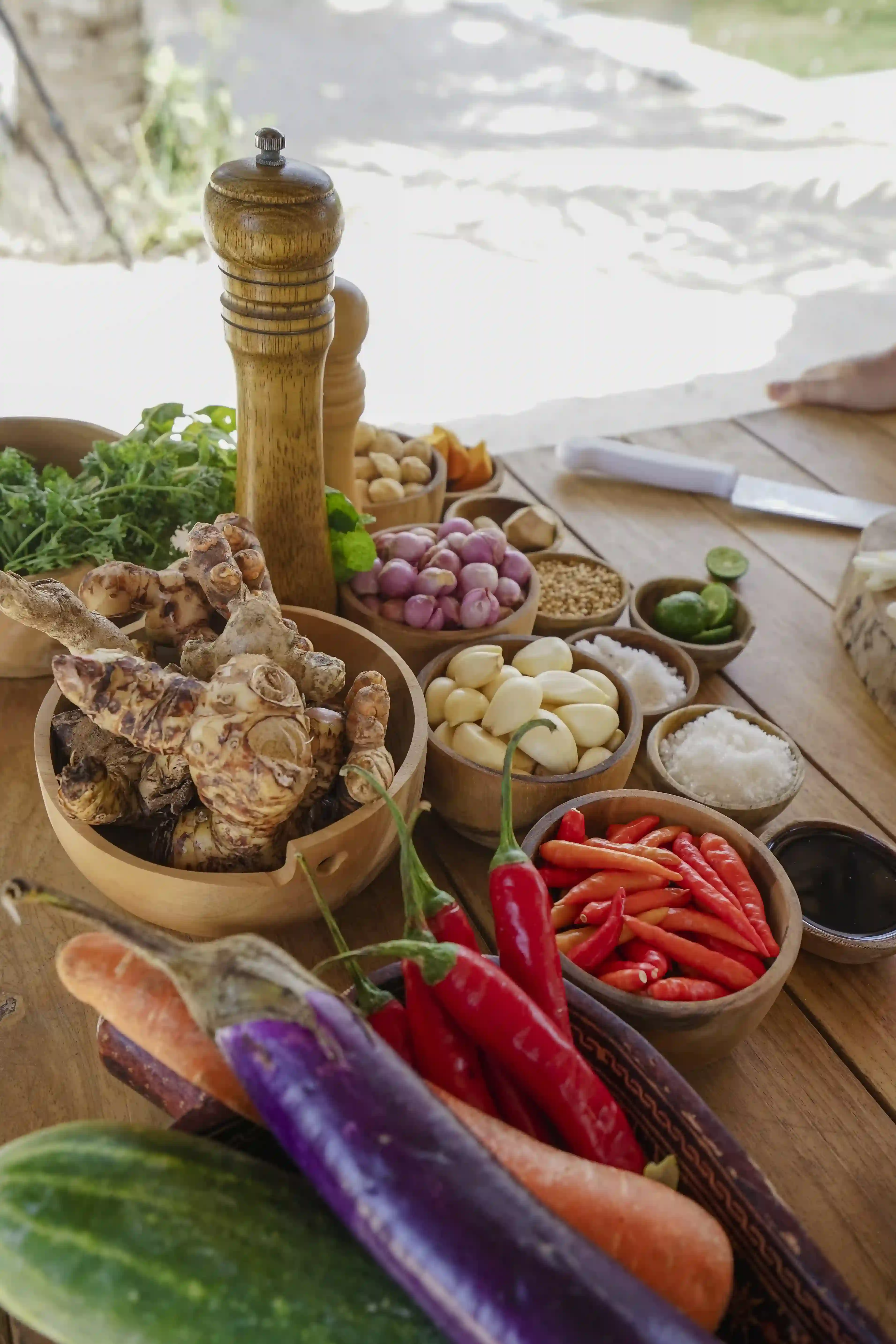 Close-up of fresh, raw ingredients for the Indonesian Cooking Class, including shallots, garlic, chilies, galangal, and vegetables, displayed in wooden bowls on a table