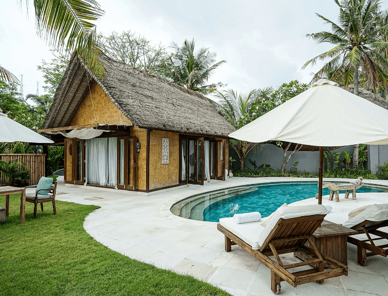 Deluxe Private Pool Villa with garden, sun loungers, and villa facade, Pondok Santi Estate, Gili Trawangan
