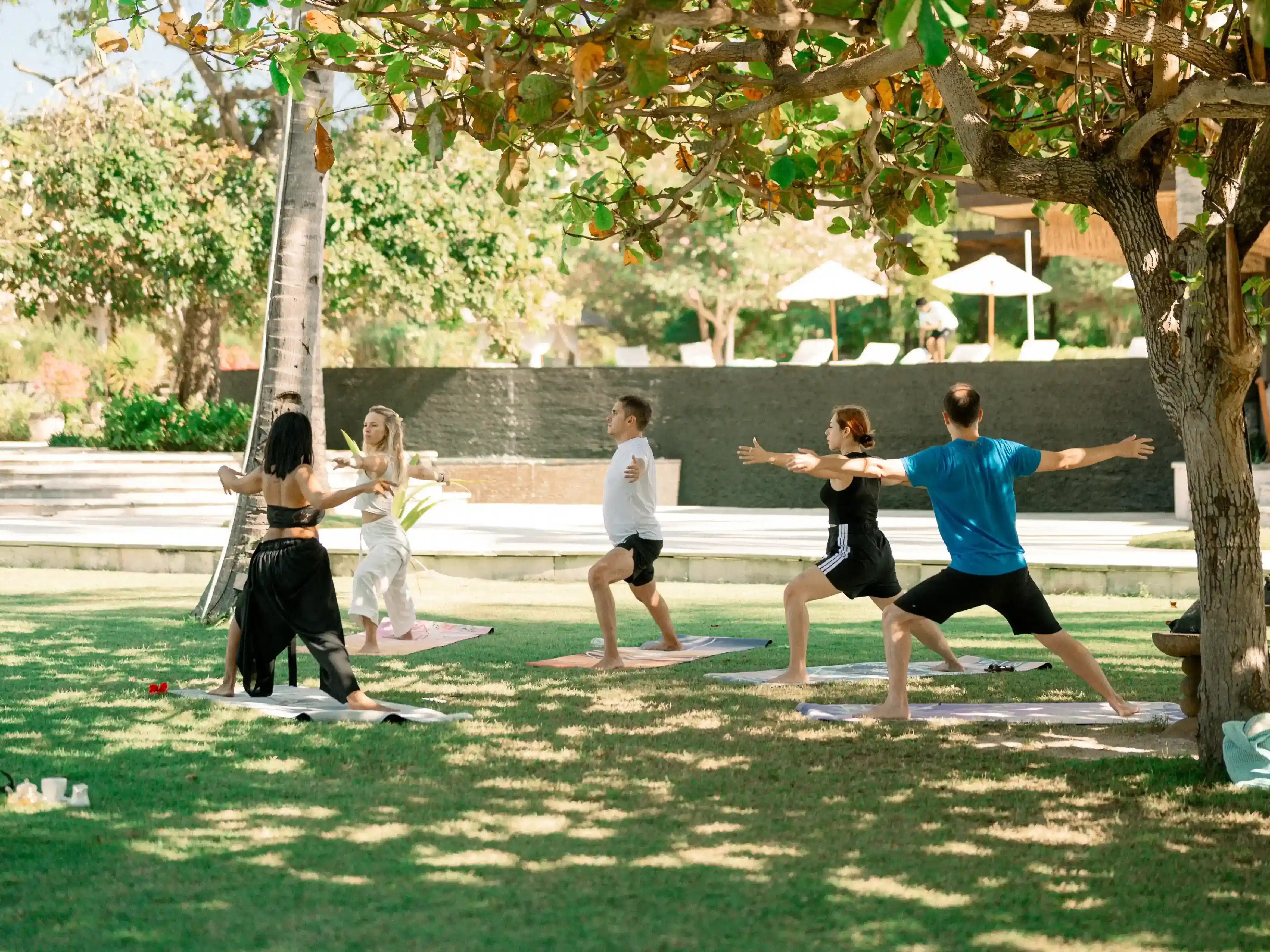 Two women practicing yoga in Warrior pose against a backdrop of palm trees hover